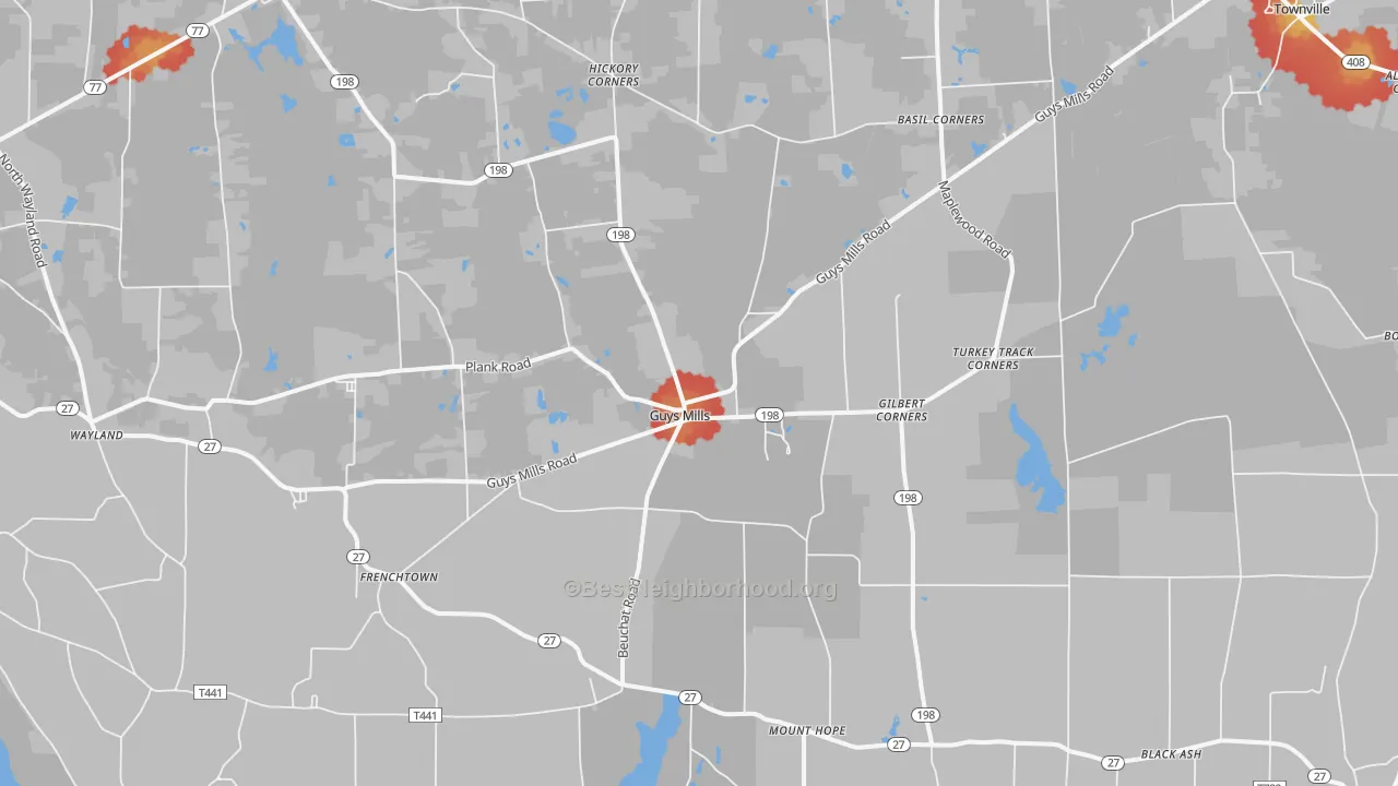 Walk Grade map of 16327, PA, walkable areas in green and car-dependent areas in red