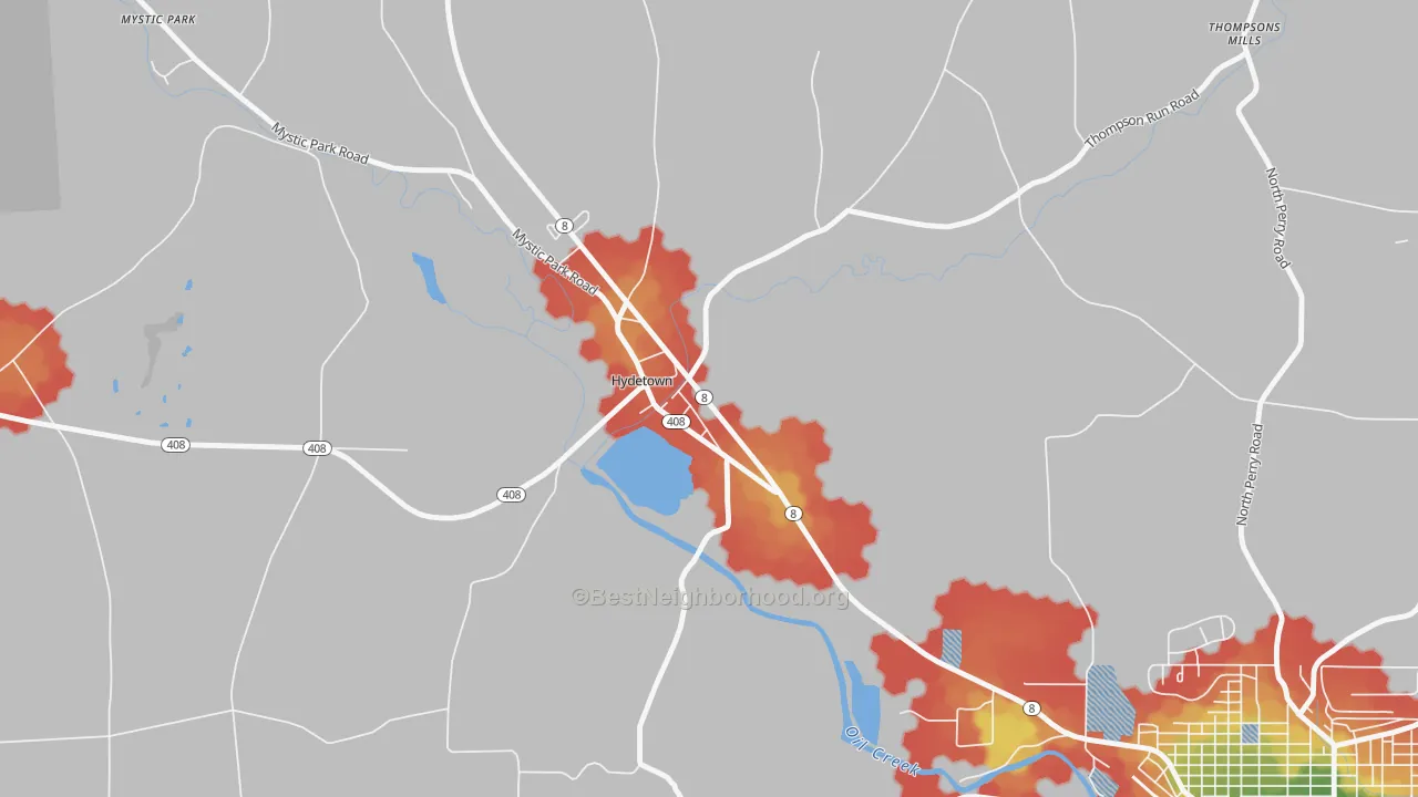 Walk Grade map of 16328, PA, walkable areas in green and car-dependent areas in red