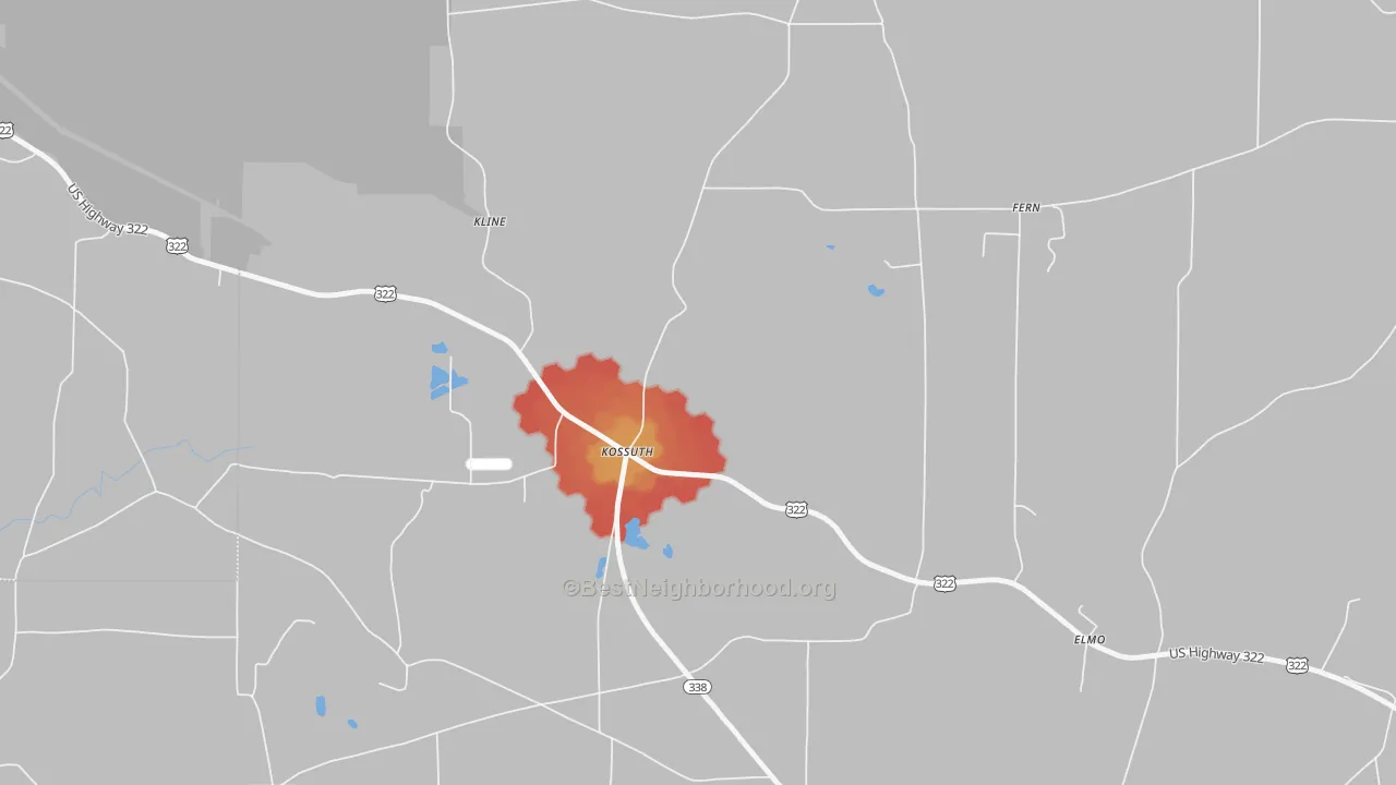 Walk Grade map of 16331, PA, walkable areas in green and car-dependent areas in red