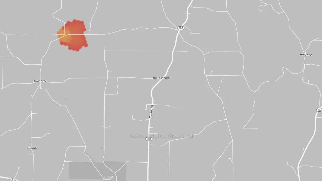 Walk Grade map of 16334, PA, walkable areas in green and car-dependent areas in red