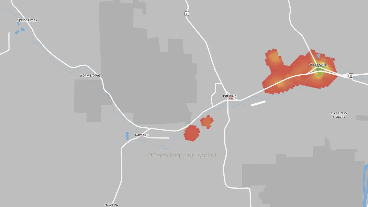 Walk Grade map of 16340, PA, walkable areas in green and car-dependent areas in red