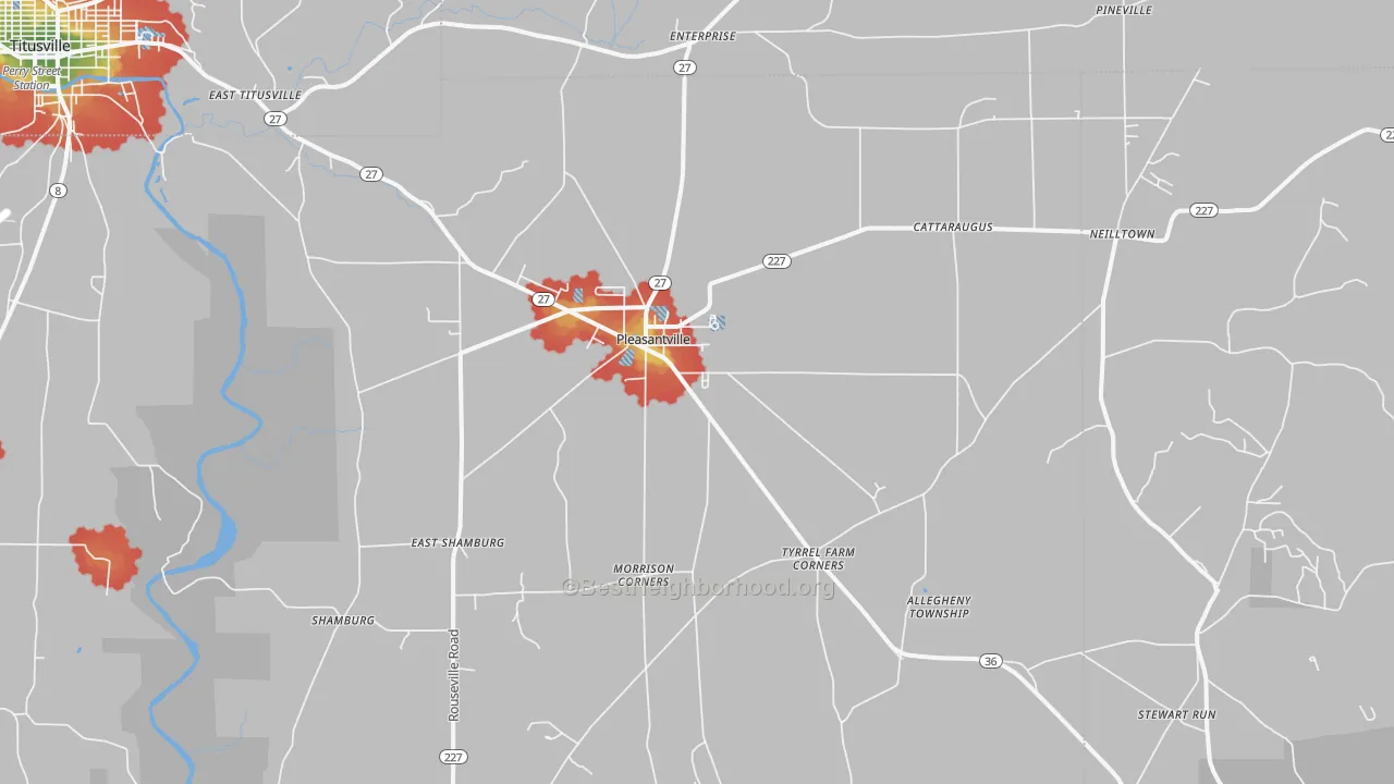 Walk Grade map of 16341, PA, walkable areas in green and car-dependent areas in red