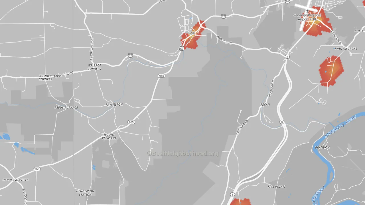 Walk Grade map of 16342, PA, walkable areas in green and car-dependent areas in red