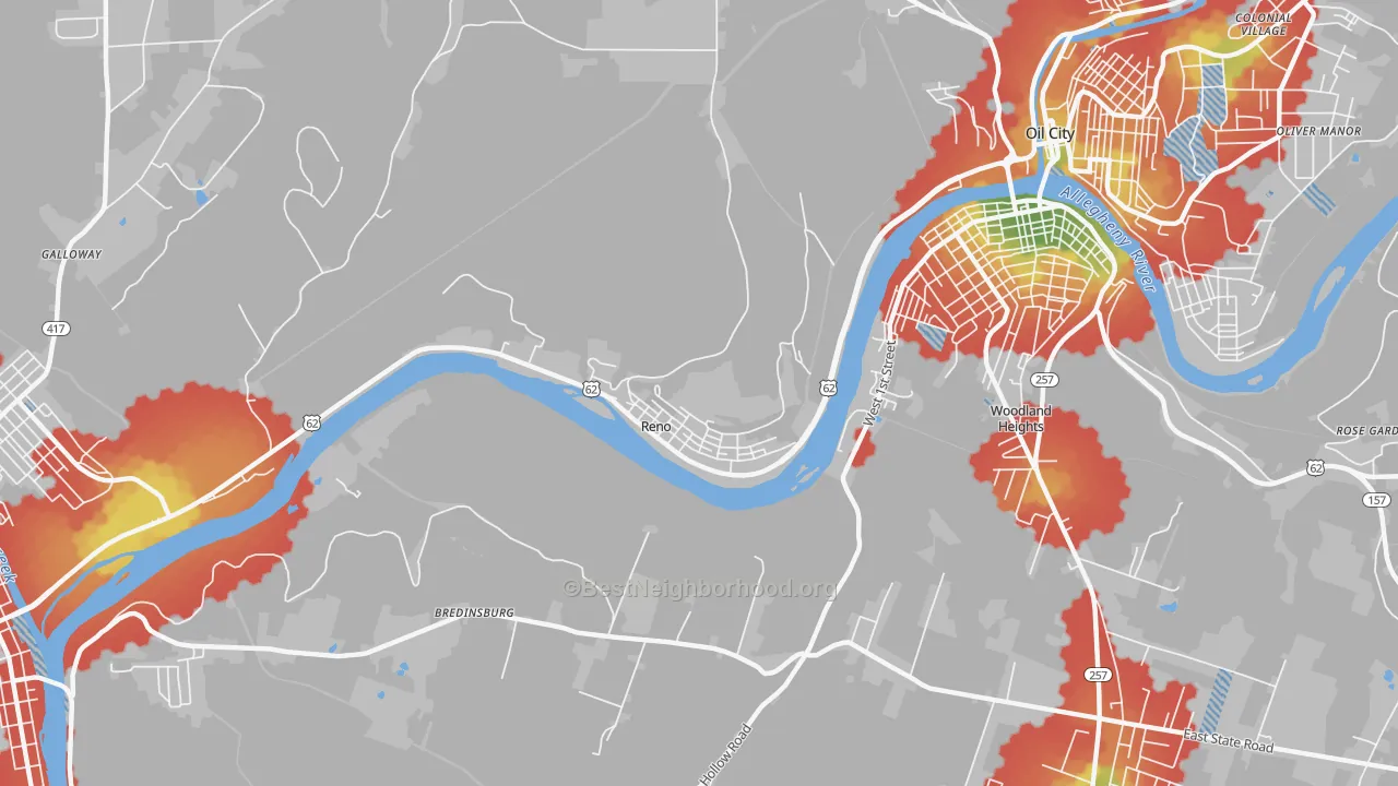 Walk Grade map of 16343, PA, walkable areas in green and car-dependent areas in red