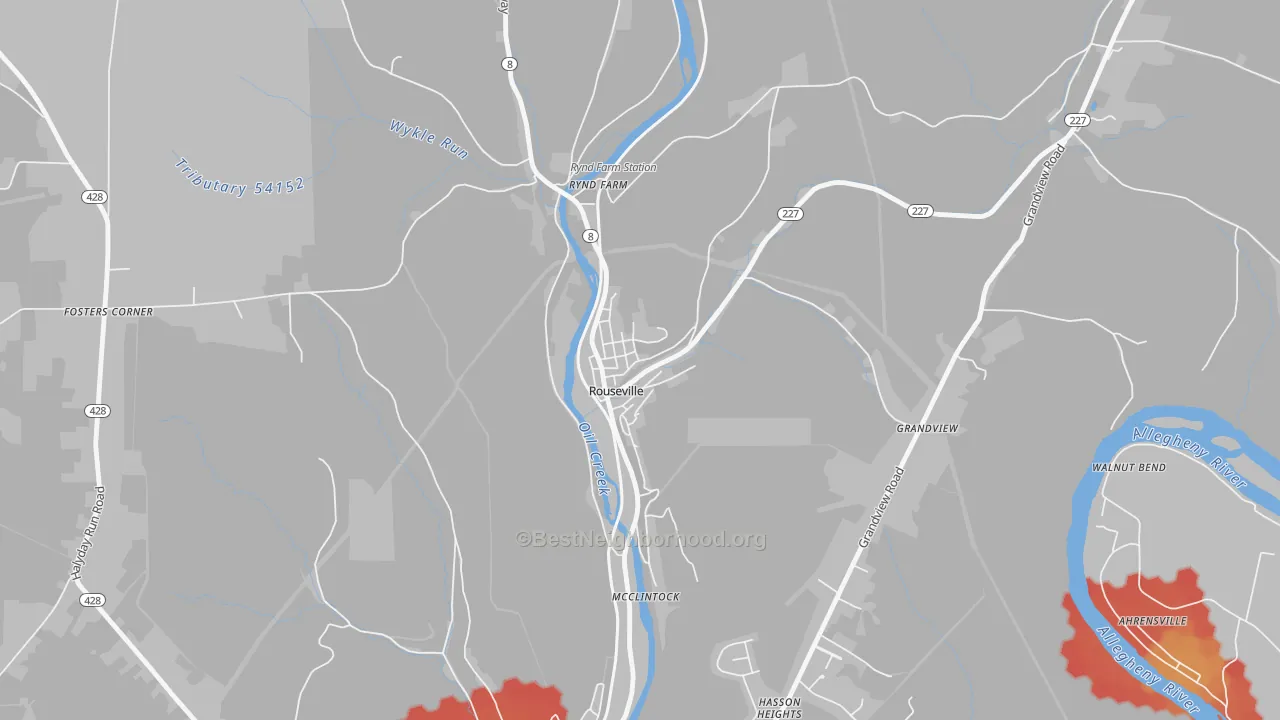 Walk Grade map of 16344, PA, walkable areas in green and car-dependent areas in red
