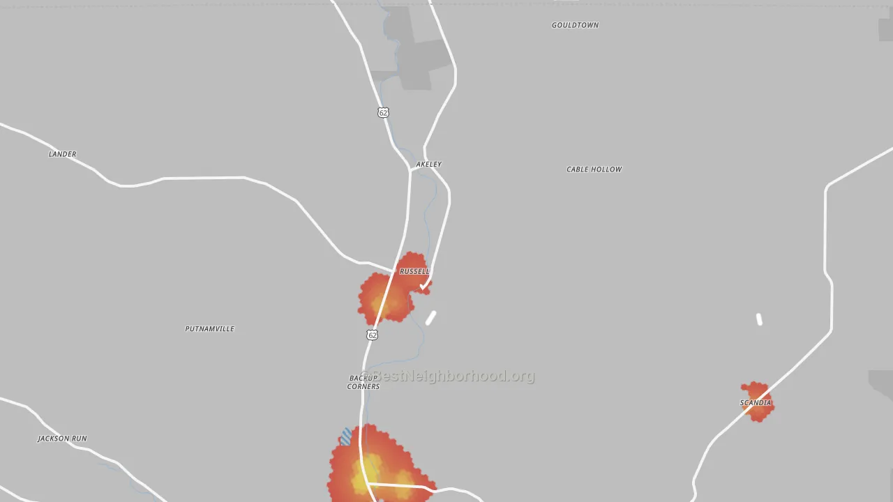 Walk Grade map of 16345, PA, walkable areas in green and car-dependent areas in red