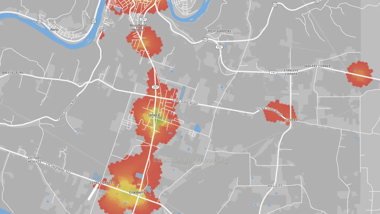 Walk Grade map of 16346, PA, walkable areas in green and car-dependent areas in red