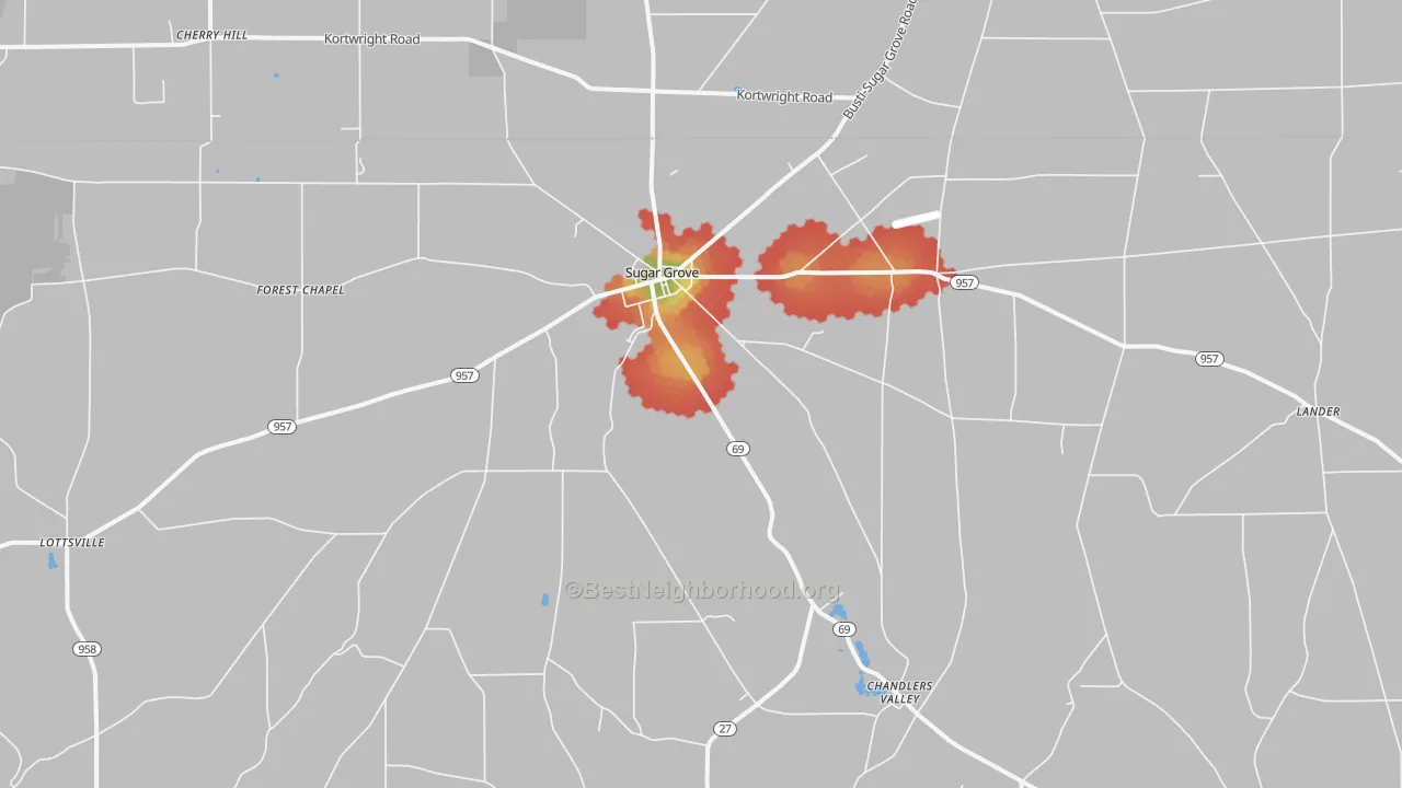 Walk Grade map of 16350, PA, walkable areas in green and car-dependent areas in red