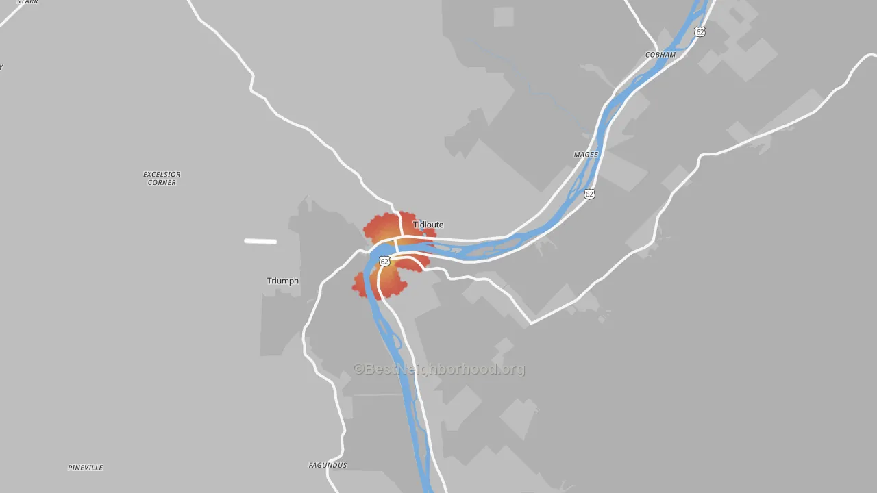 Walk Grade map of 16351, PA, walkable areas in green and car-dependent areas in red