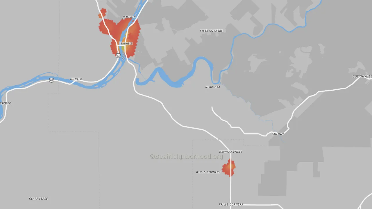 Walk Grade map of 16353, PA, walkable areas in green and car-dependent areas in red