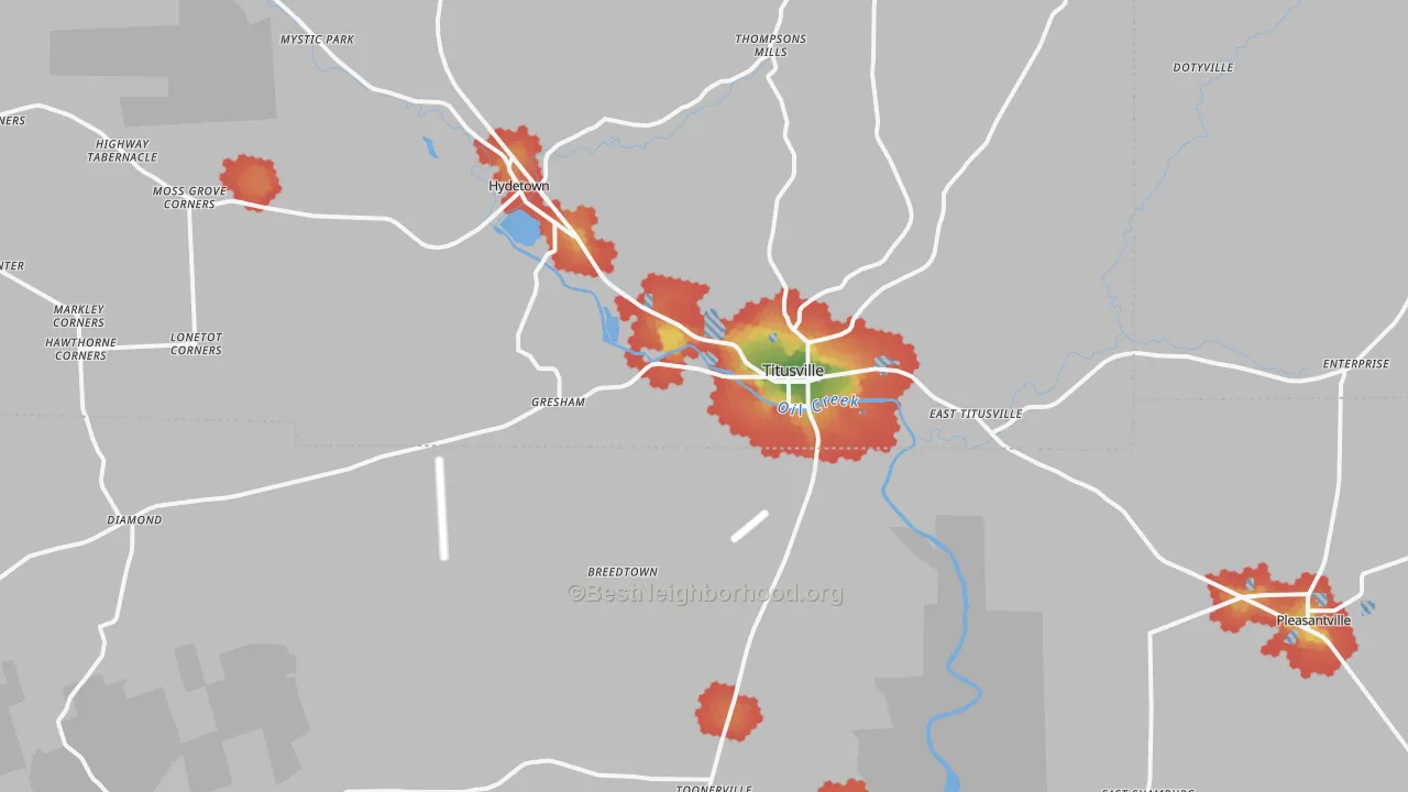 Walk Grade map of 16354, PA, walkable areas in green and car-dependent areas in red