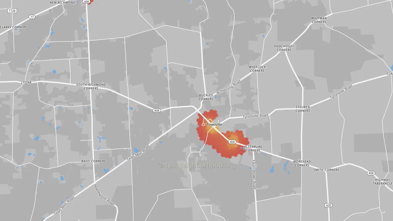 Walk Grade map of 16360, PA, walkable areas in green and car-dependent areas in red