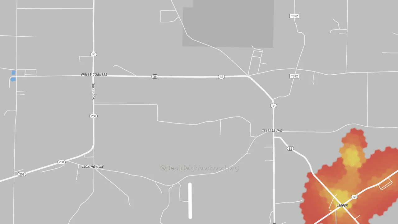 Walk Grade map of 16361, PA, walkable areas in green and car-dependent areas in red