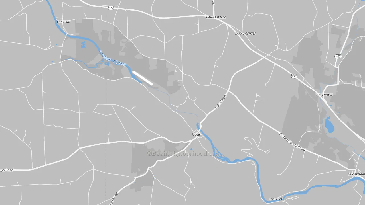 Walk Grade map of 16362, PA, walkable areas in green and car-dependent areas in red