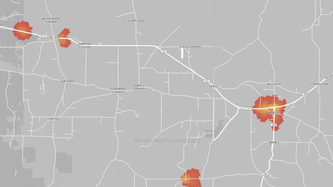Walk Grade map of 16364, PA, walkable areas in green and car-dependent areas in red