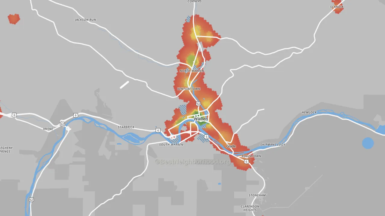Walk Grade map of 16365, PA, walkable areas in green and car-dependent areas in red