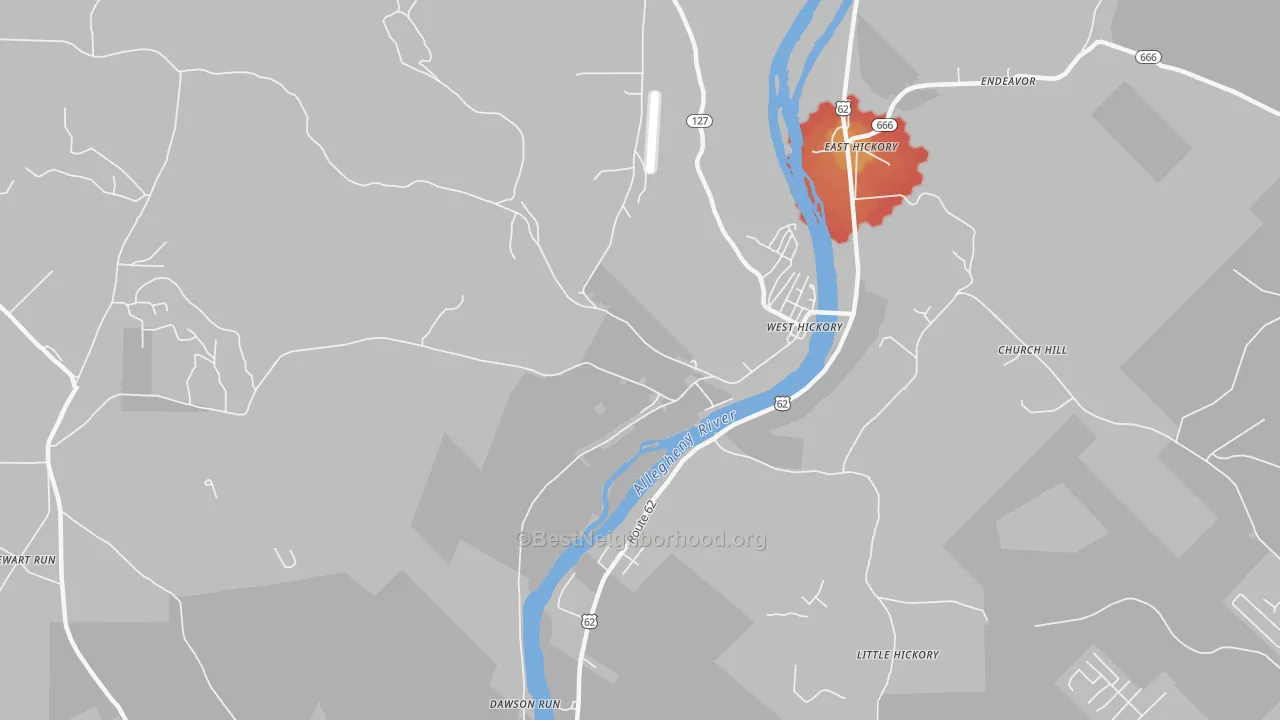 Walk Grade map of 16370, PA, walkable areas in green and car-dependent areas in red
