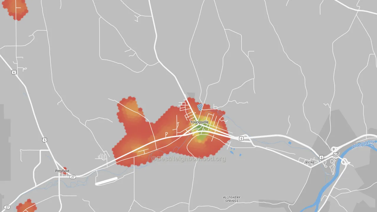 Walk Grade map of 16371, PA, walkable areas in green and car-dependent areas in red