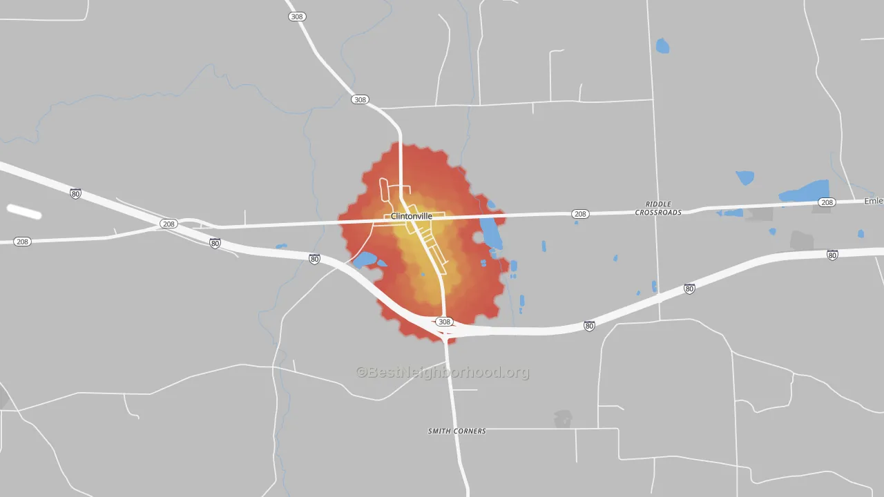 Walk Grade map of 16372, PA, walkable areas in green and car-dependent areas in red