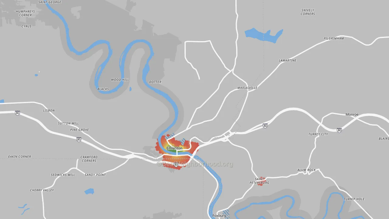 Walk Grade map of 16373, PA, walkable areas in green and car-dependent areas in red