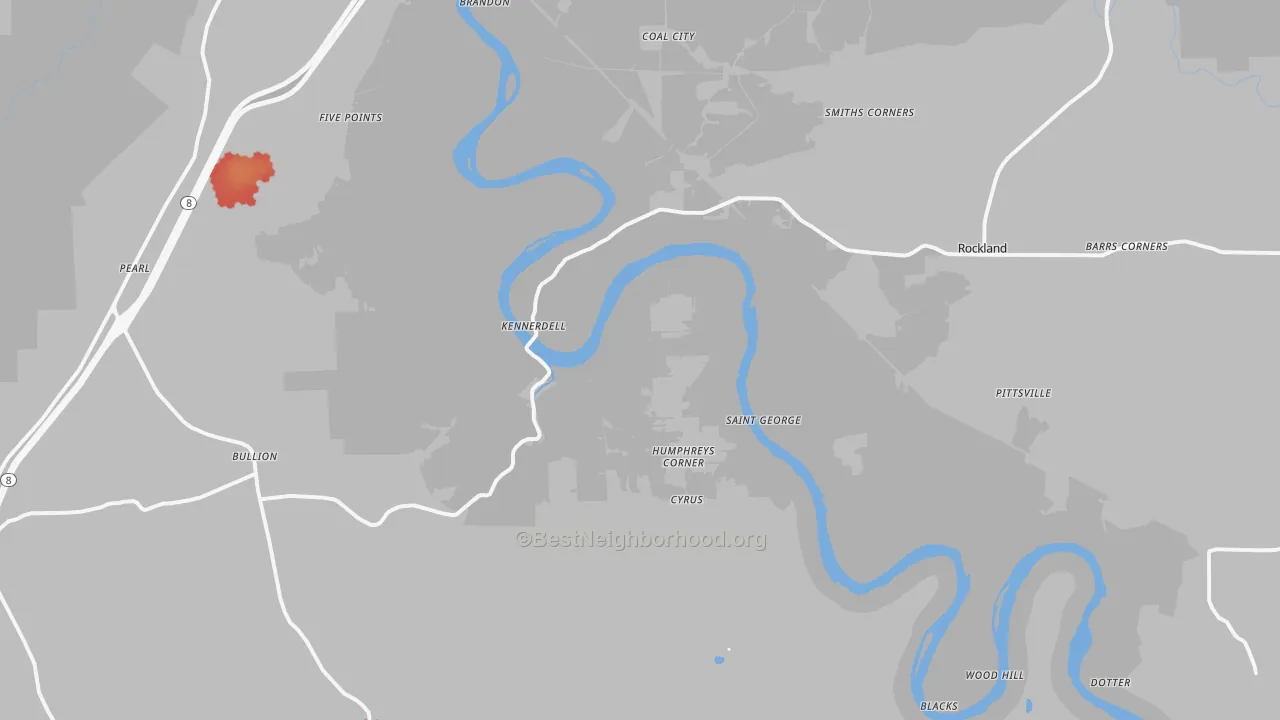 Walk Grade map of 16374, PA, walkable areas in green and car-dependent areas in red