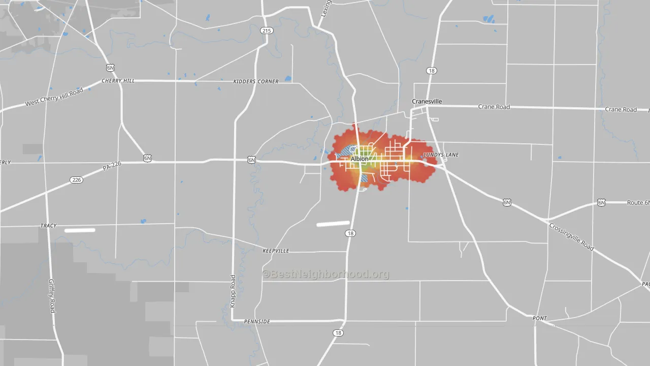 Walk Grade map of 16401, PA, walkable areas in green and car-dependent areas in red