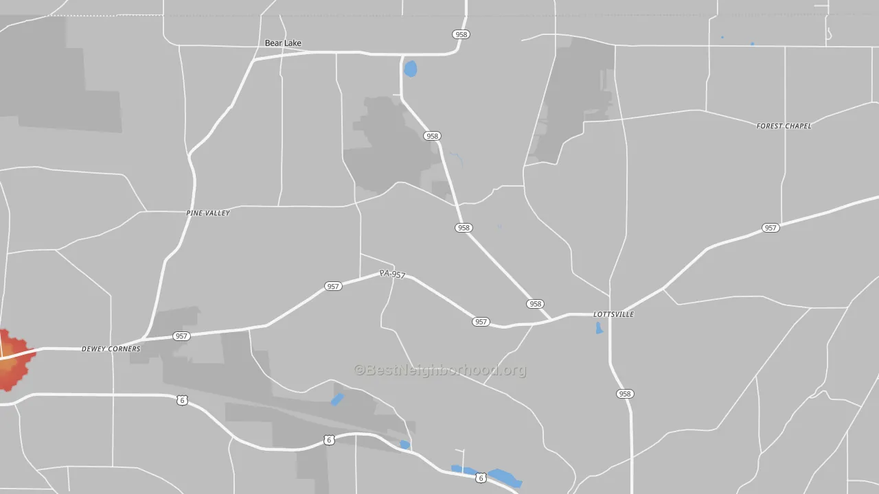 Walk Grade map of 16402, PA, walkable areas in green and car-dependent areas in red