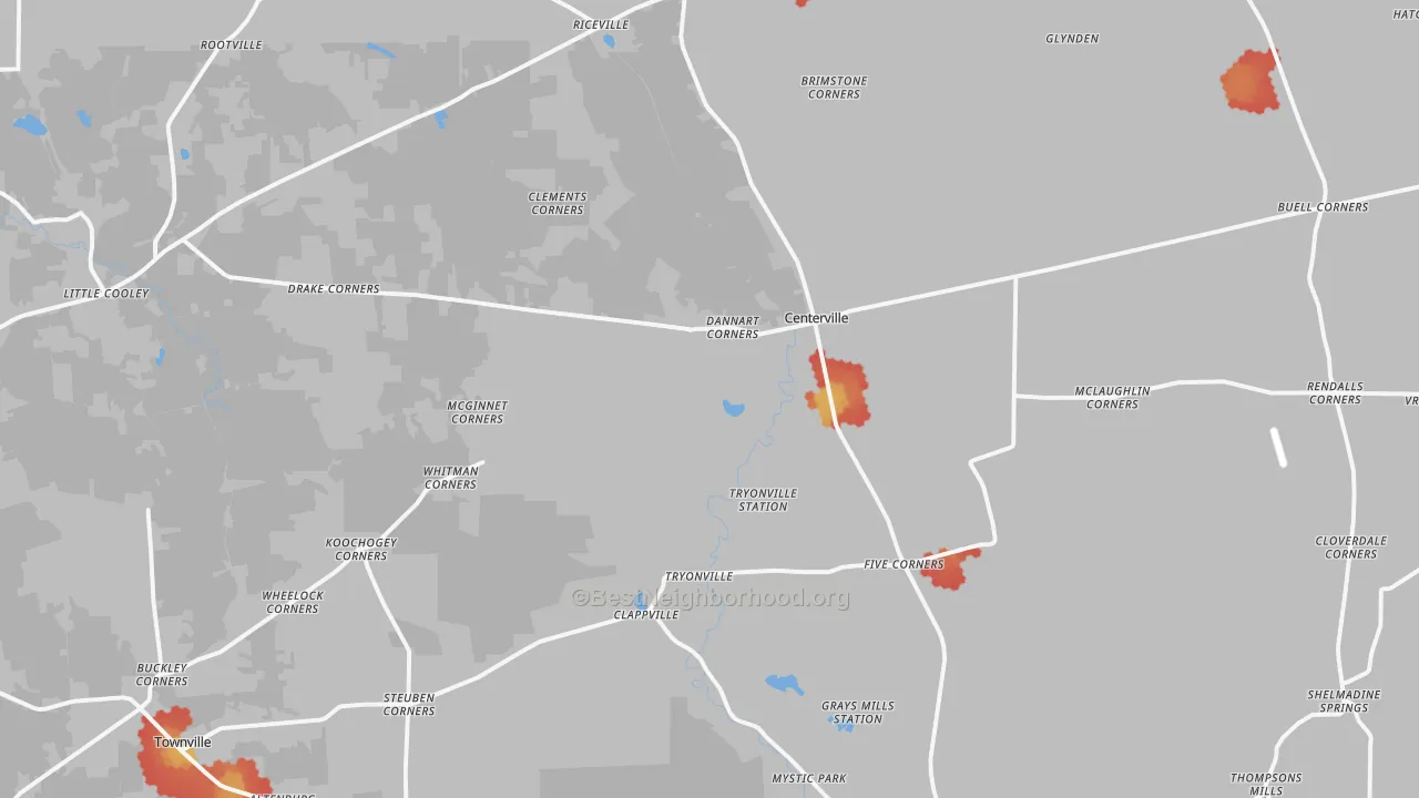 Walk Grade map of 16404, PA, walkable areas in green and car-dependent areas in red