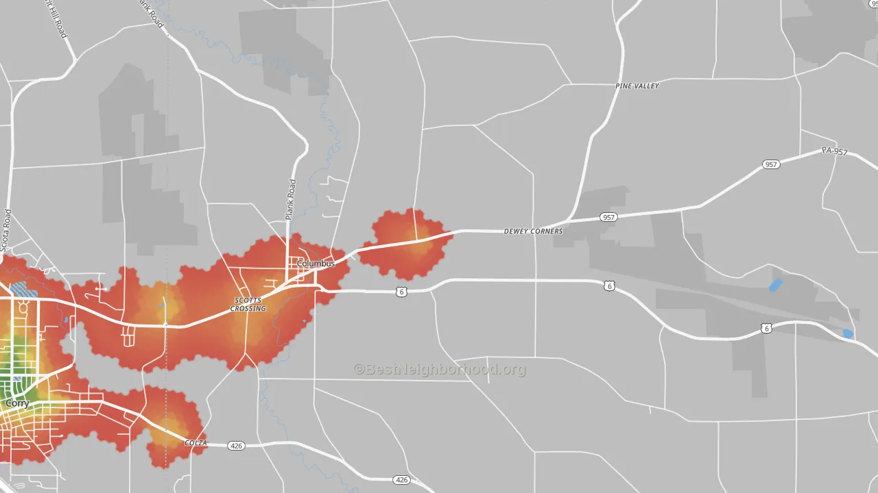Walk Grade map of 16405, PA, walkable areas in green and car-dependent areas in red