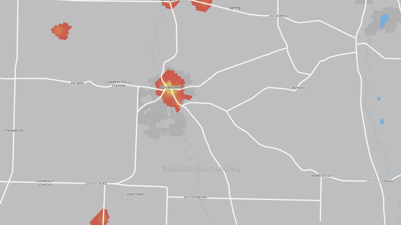 Walk Grade map of 16406, PA, walkable areas in green and car-dependent areas in red
