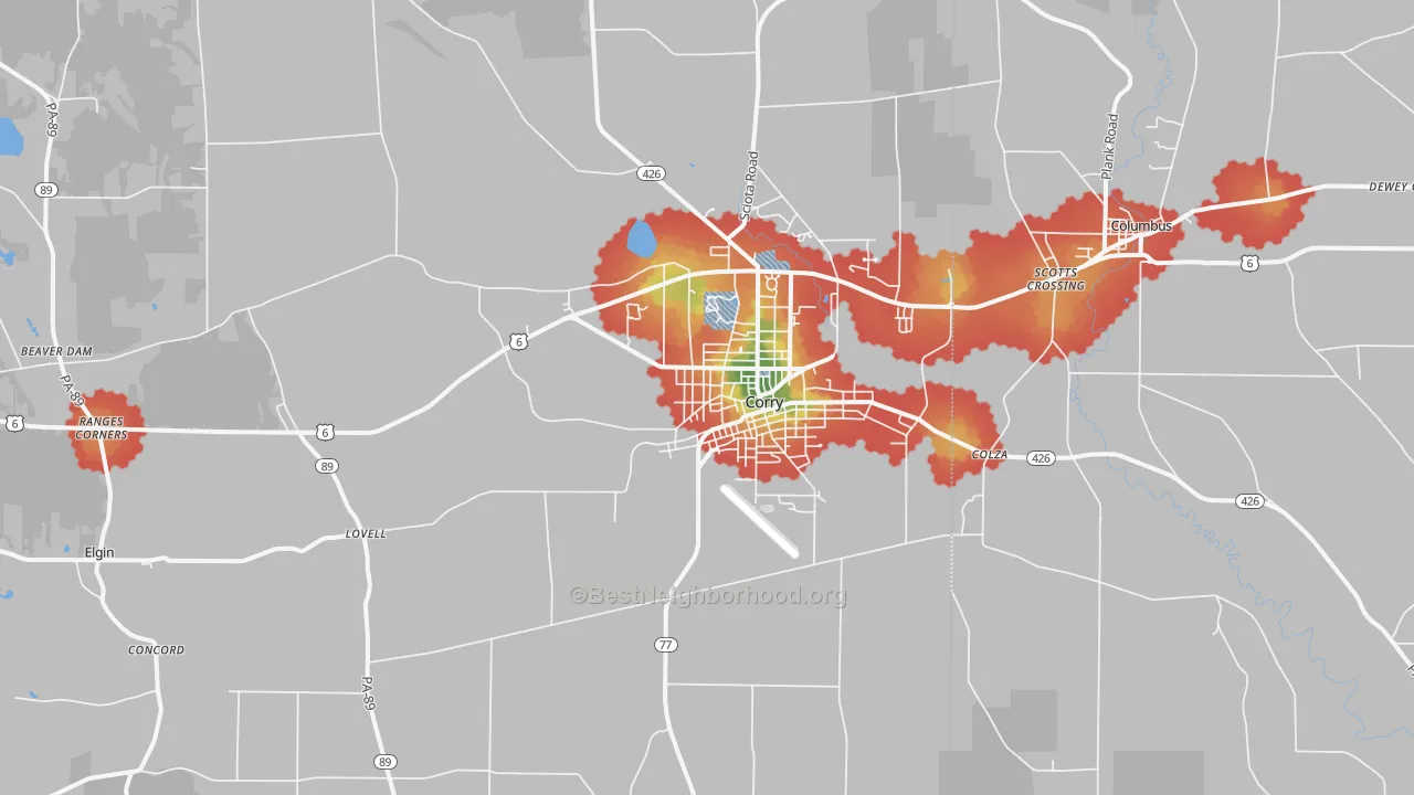 Walk Grade map of 16407, PA, walkable areas in green and car-dependent areas in red