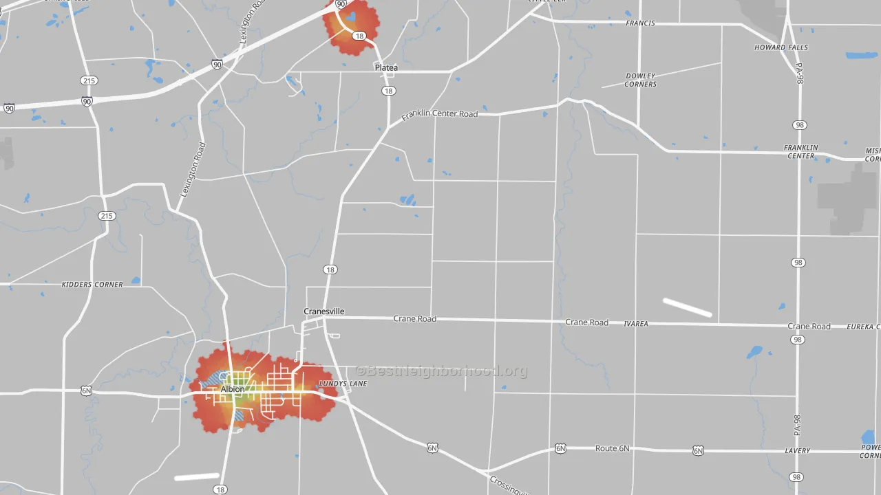 Walk Grade map of 16410, PA, walkable areas in green and car-dependent areas in red