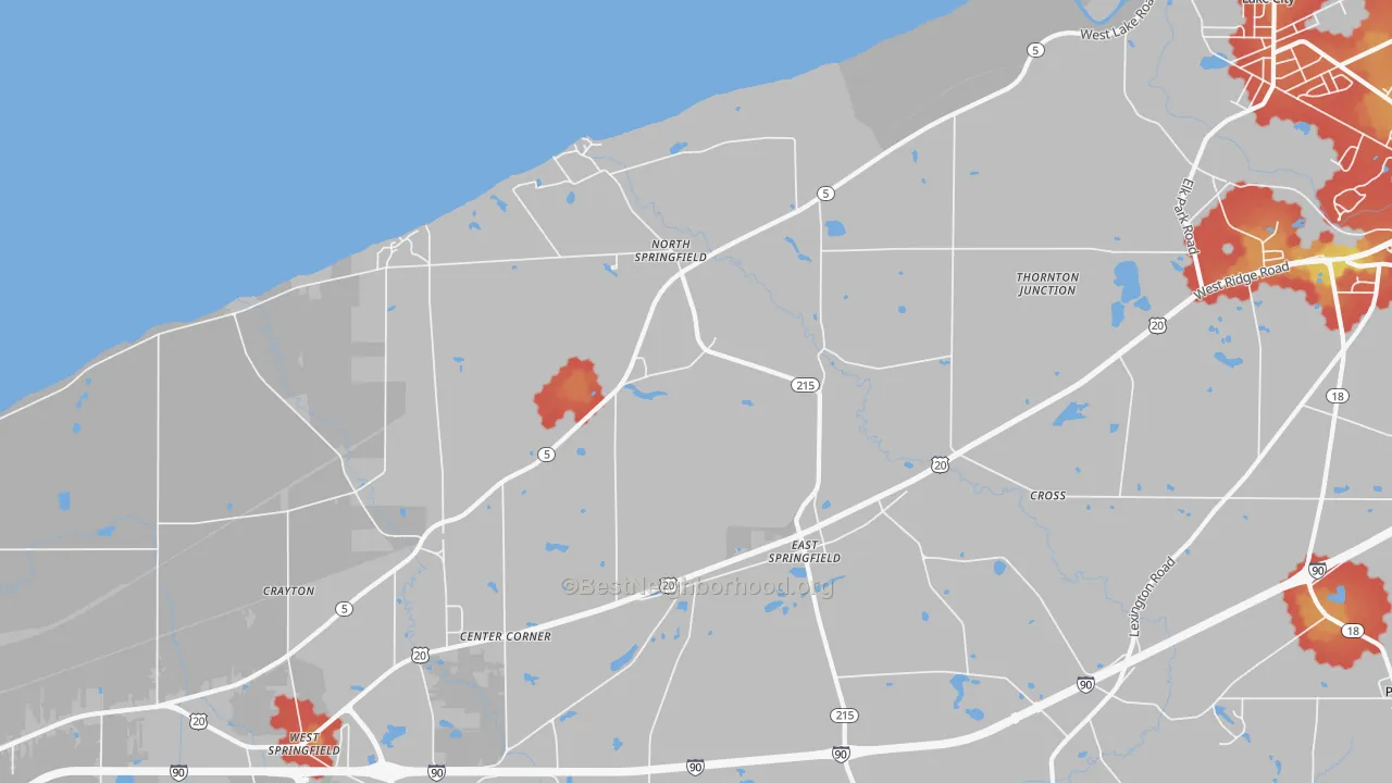 Walk Grade map of 16411, PA, walkable areas in green and car-dependent areas in red