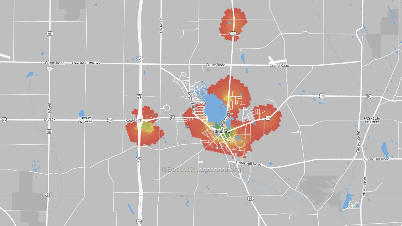 Walk Grade map of 16412, PA, walkable areas in green and car-dependent areas in red