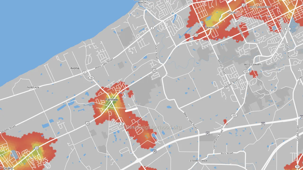 Walk Grade map of 16415, PA, walkable areas in green and car-dependent areas in red