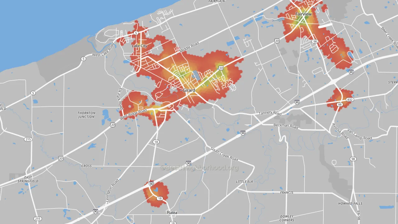 Walk Grade map of 16417, PA, walkable areas in green and car-dependent areas in red