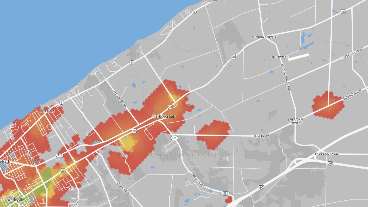 Walk Grade map of 16421, PA, walkable areas in green and car-dependent areas in red