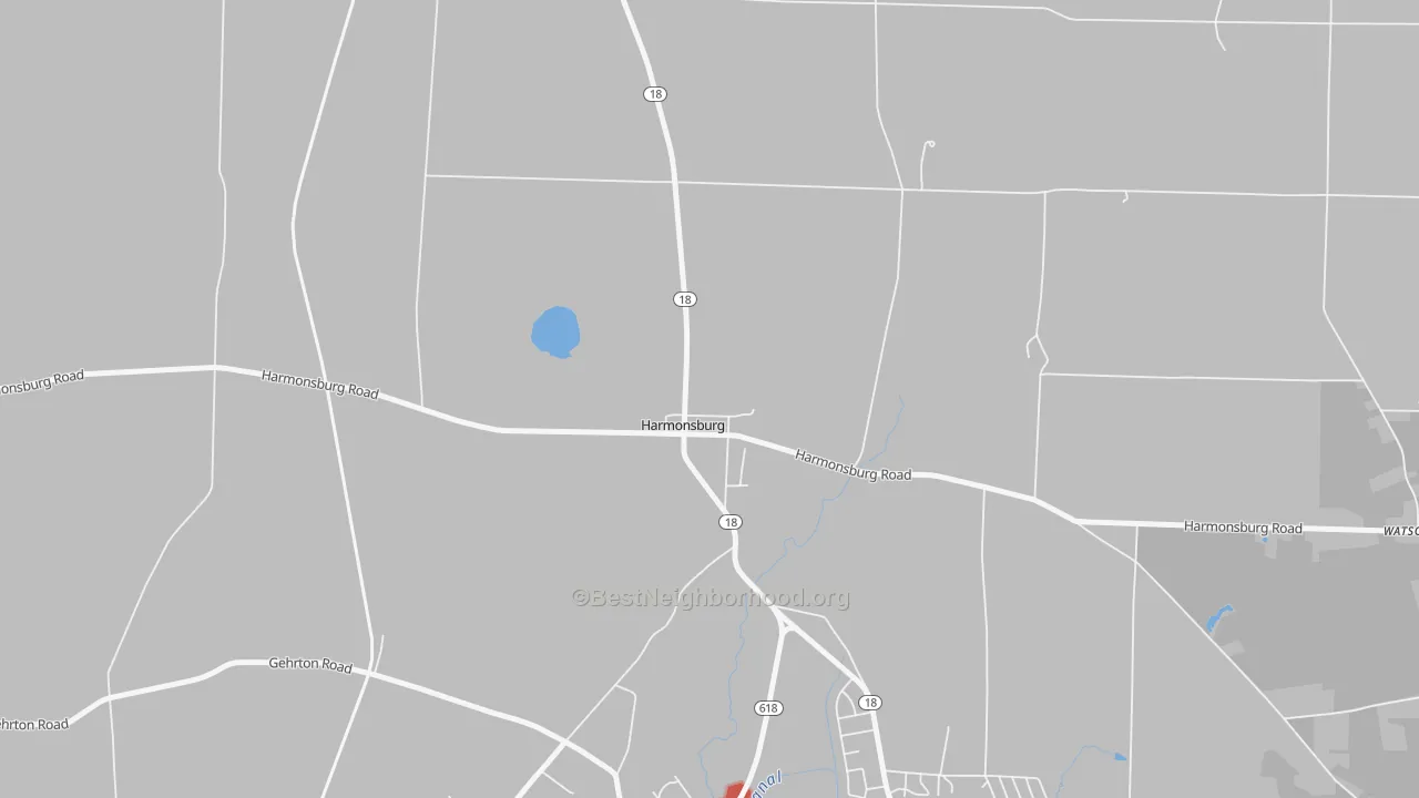 Walk Grade map of 16422, PA, walkable areas in green and car-dependent areas in red