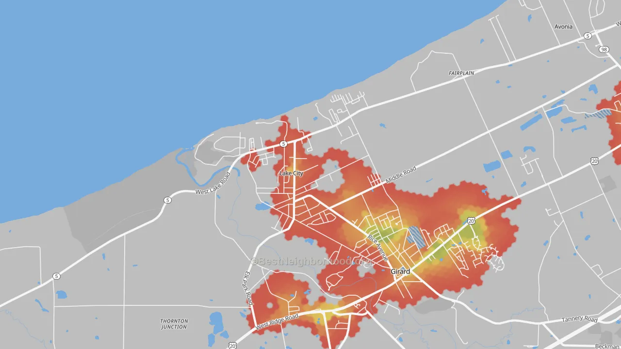 Walk Grade map of 16423, PA, walkable areas in green and car-dependent areas in red