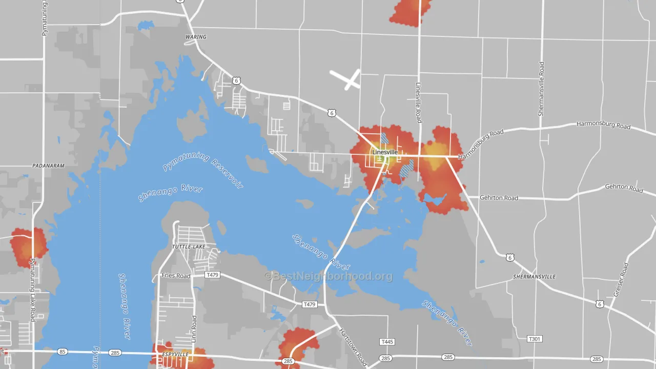 Walk Grade map of 16424, PA, walkable areas in green and car-dependent areas in red