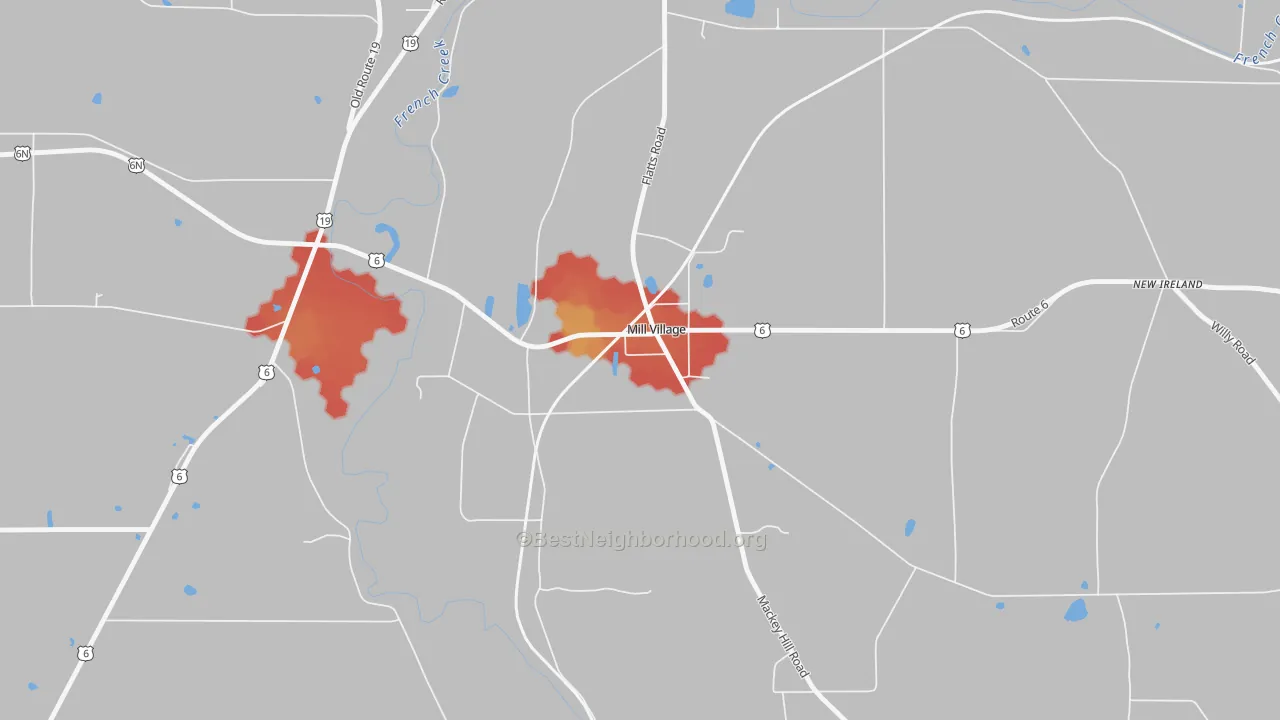 Walk Grade map of 16427, PA, walkable areas in green and car-dependent areas in red
