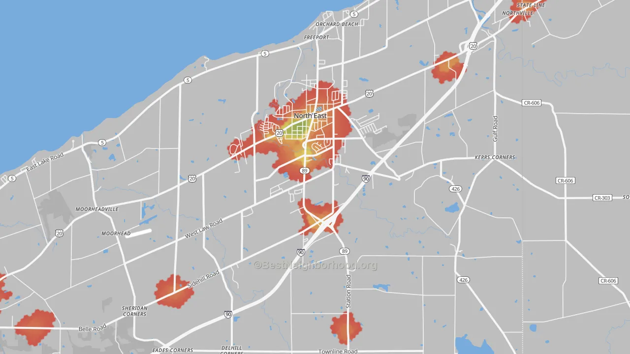 Walk Grade map of 16428, PA, walkable areas in green and car-dependent areas in red