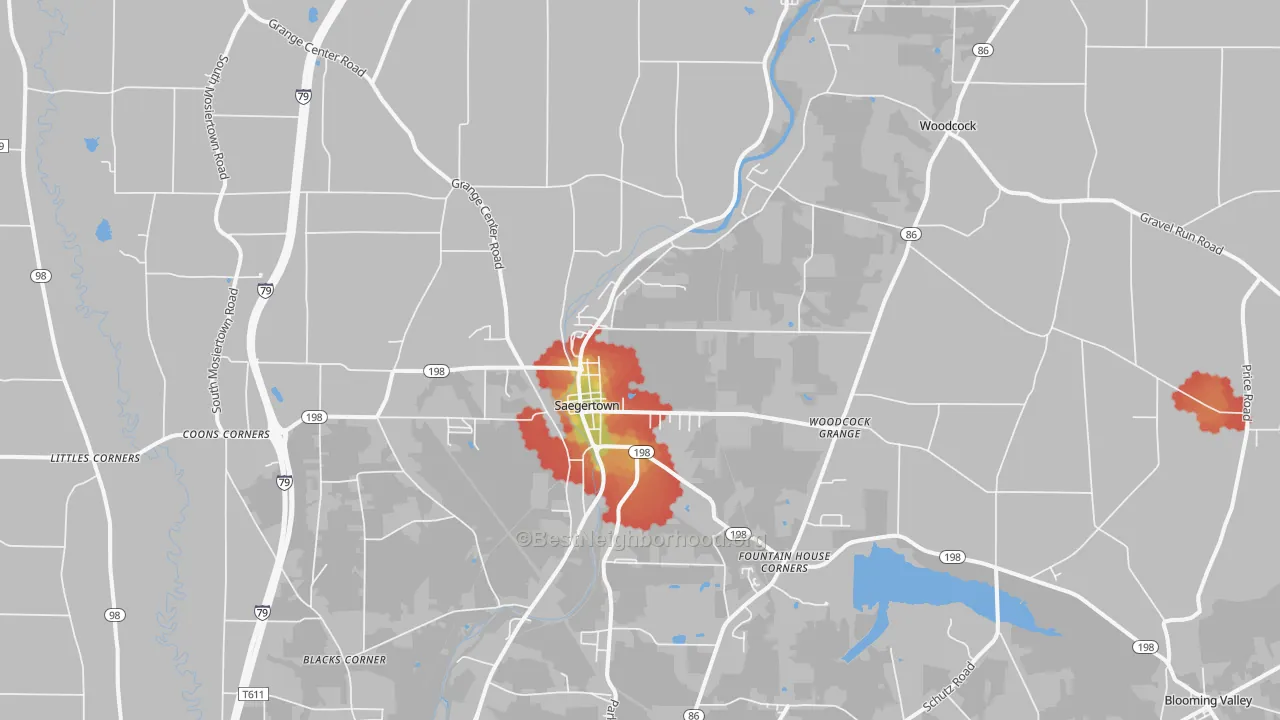 Walk Grade map of 16433, PA, walkable areas in green and car-dependent areas in red