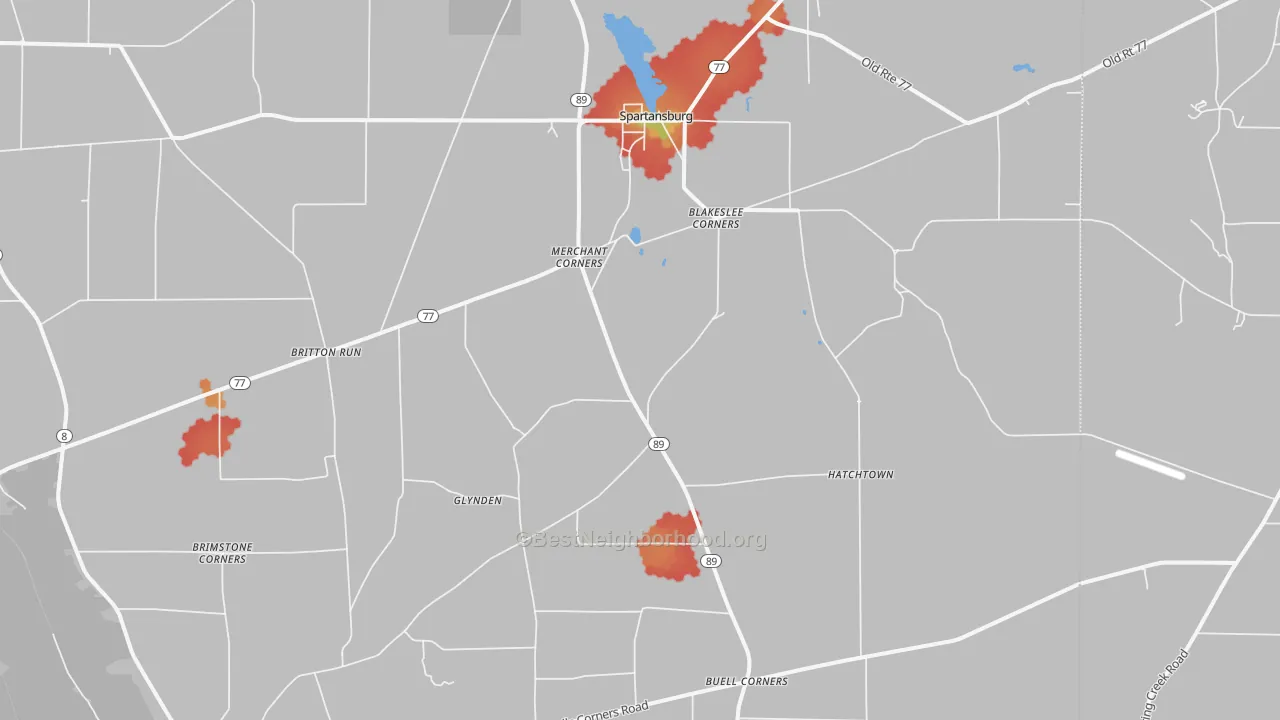 Walk Grade map of 16434, PA, walkable areas in green and car-dependent areas in red
