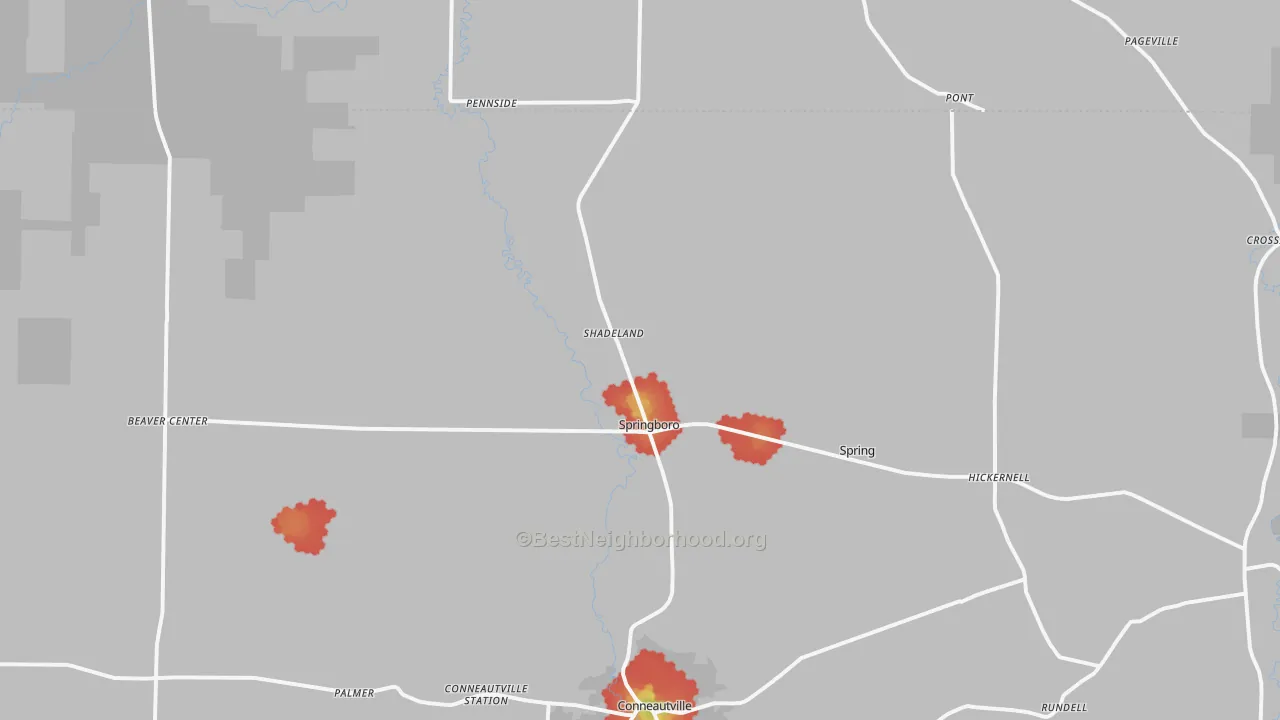 Walk Grade map of 16435, PA, walkable areas in green and car-dependent areas in red