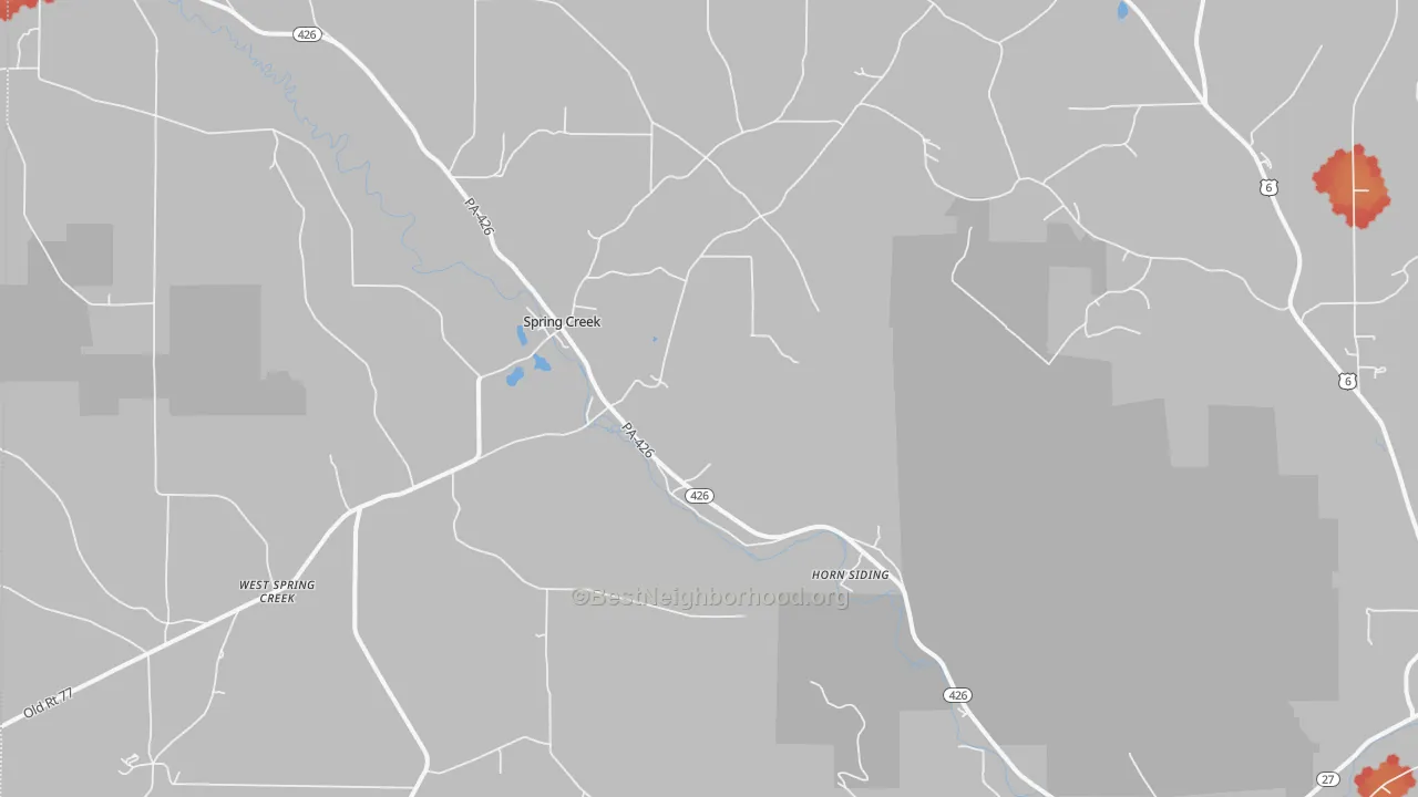 Walk Grade map of 16436, PA, walkable areas in green and car-dependent areas in red