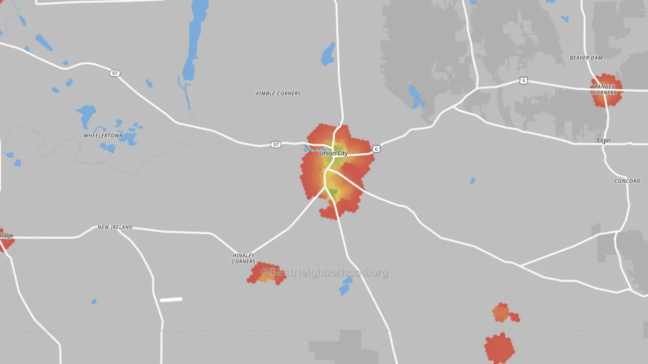 Walk Grade map of 16438, PA, walkable areas in green and car-dependent areas in red