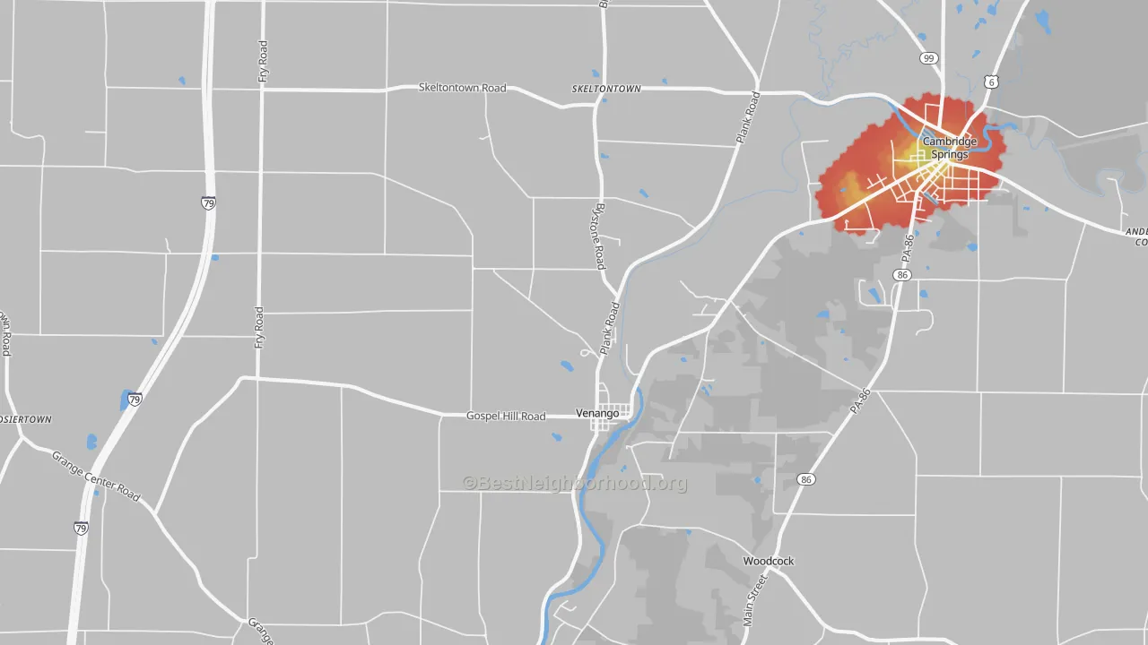 Walk Grade map of 16440, PA, walkable areas in green and car-dependent areas in red