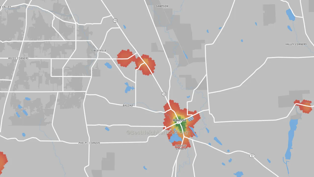 Walk Grade map of 16441, PA, walkable areas in green and car-dependent areas in red