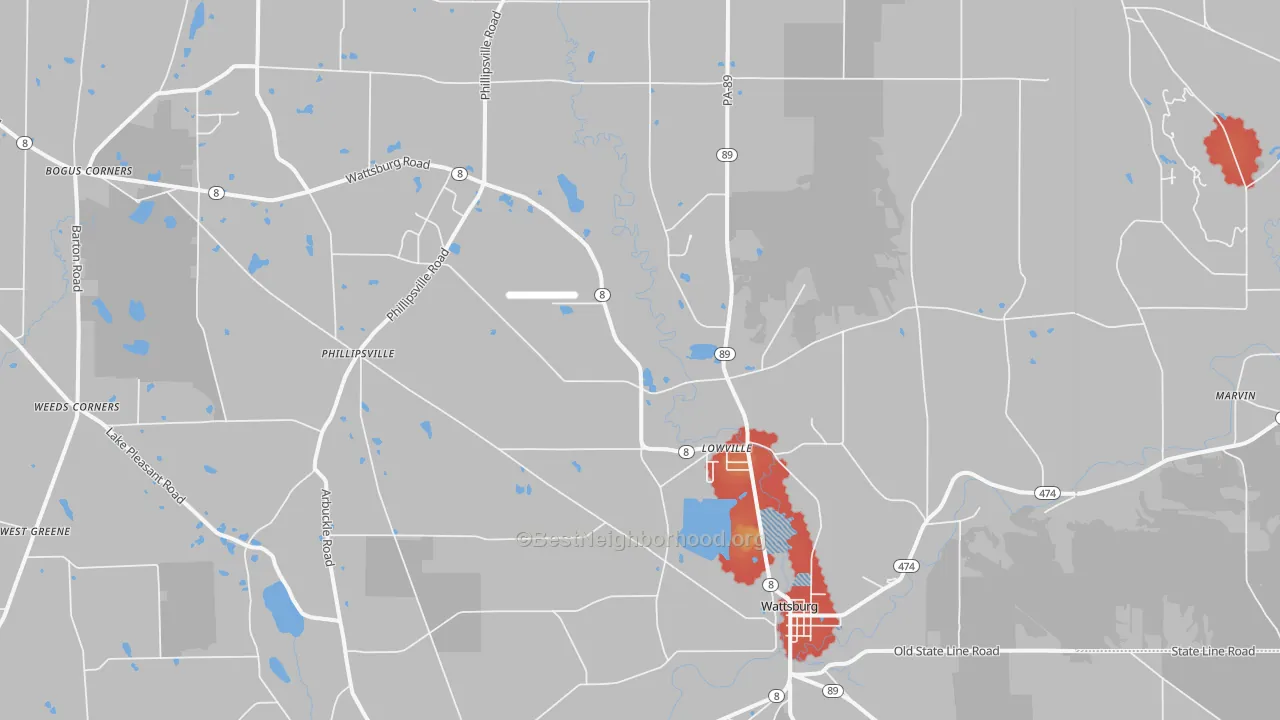 Walk Grade map of 16442, PA, walkable areas in green and car-dependent areas in red